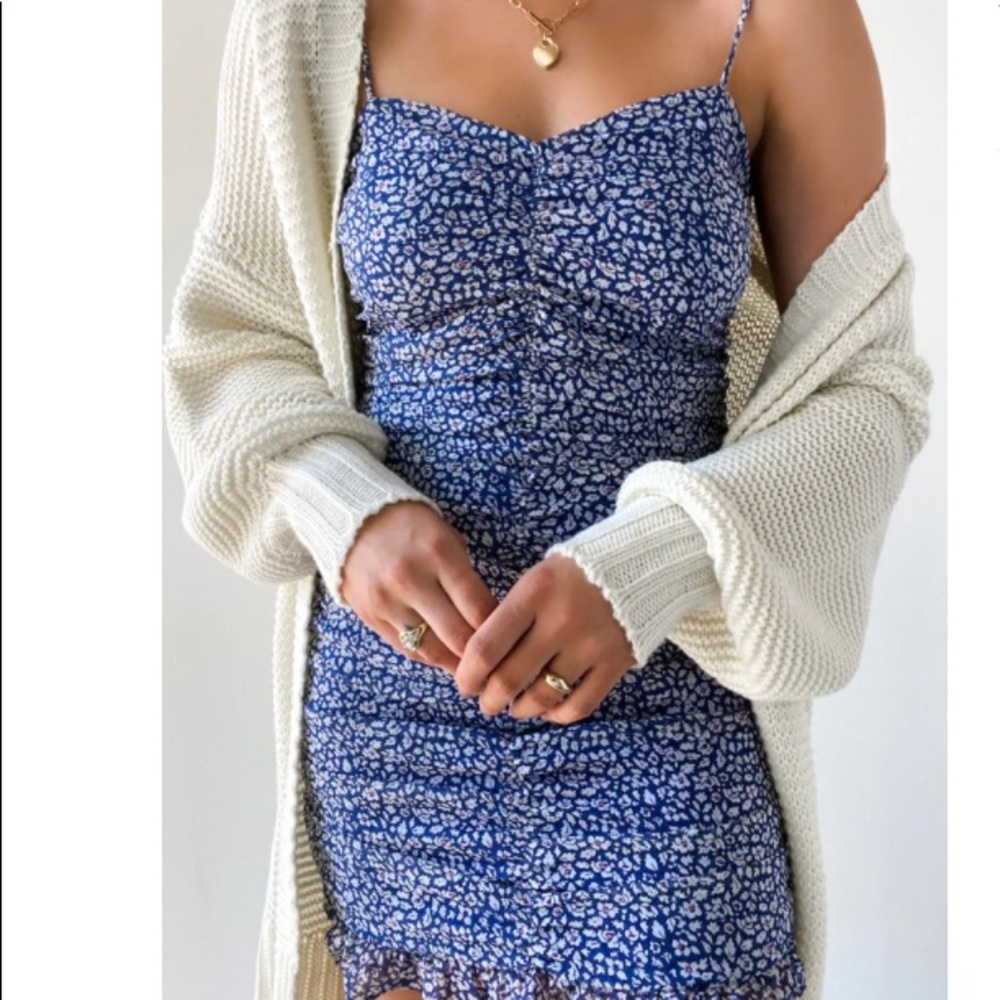 Blue Floral Print Ruched Bodycon Mini Dress